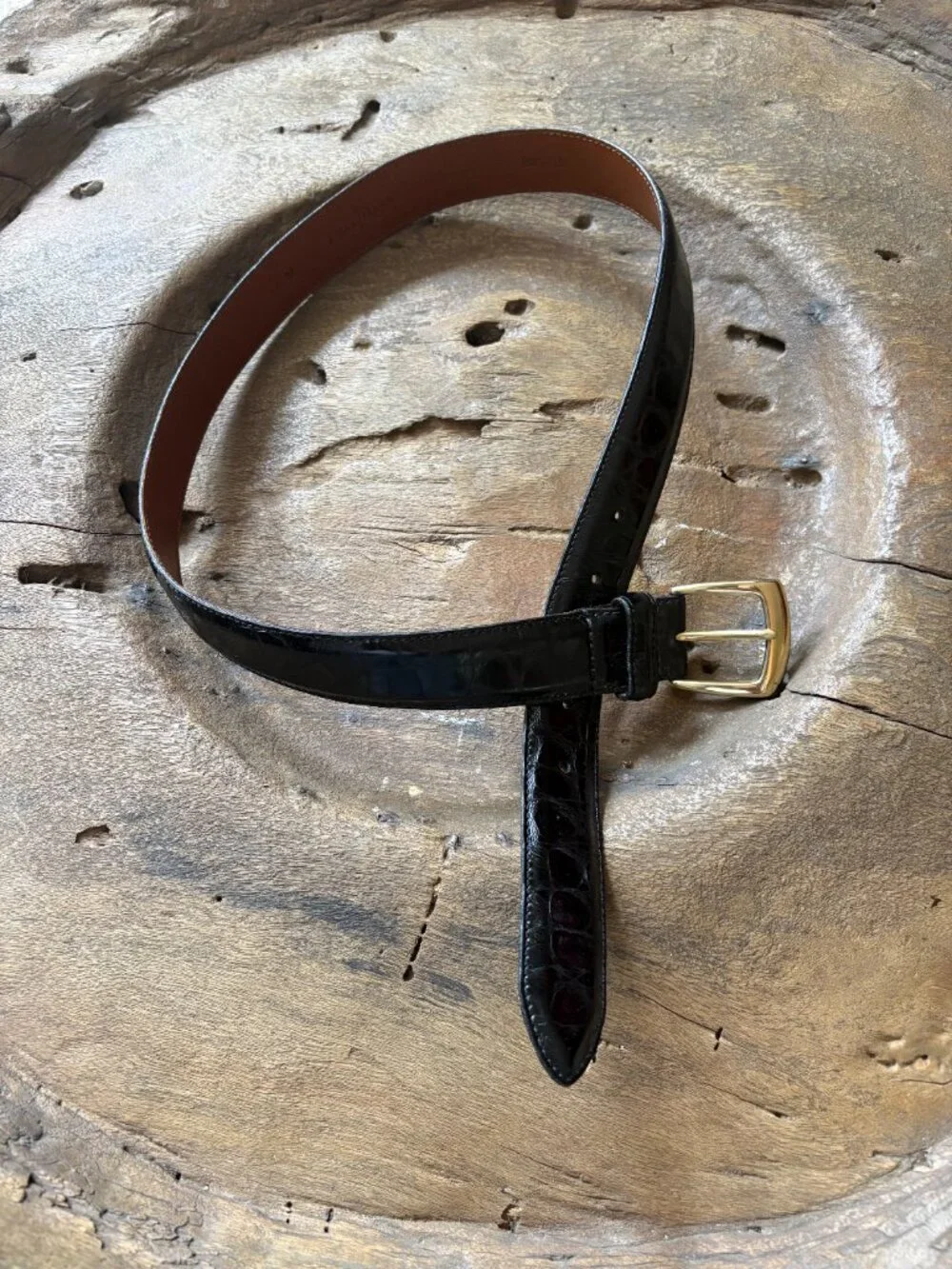 Cole Haan black embossed leather belt brass buckle 1.25 in. wide women's medium